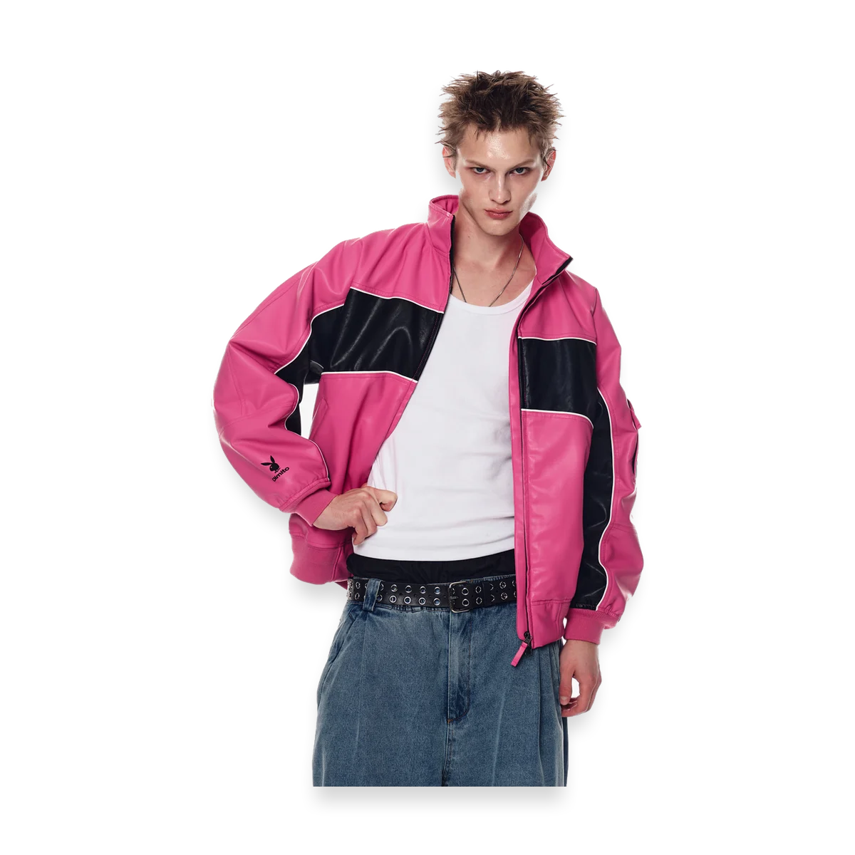 2526 PLAYBOY DIMITO BLOCK FAUX LEATHER JACKET RUDE PINK