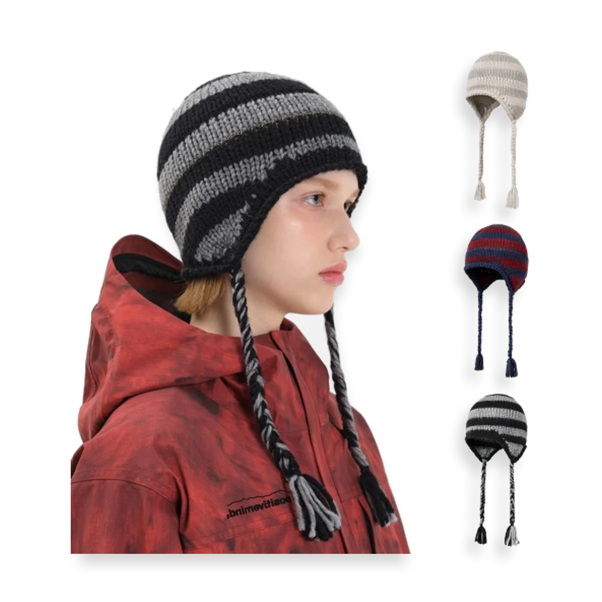 2526 CROCHET STRIPE EAR FLAP BEANIE